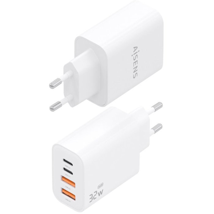 Aisens Cargador GaN 32W con 2x USB-C PD 3.0 y 2x USB-A, Blanco